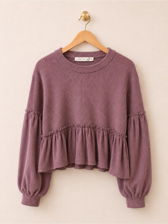 Altar'd State Tops - Altar’d State Mauve Ribbed Peplum Top Balloon Sleeve Size Medium